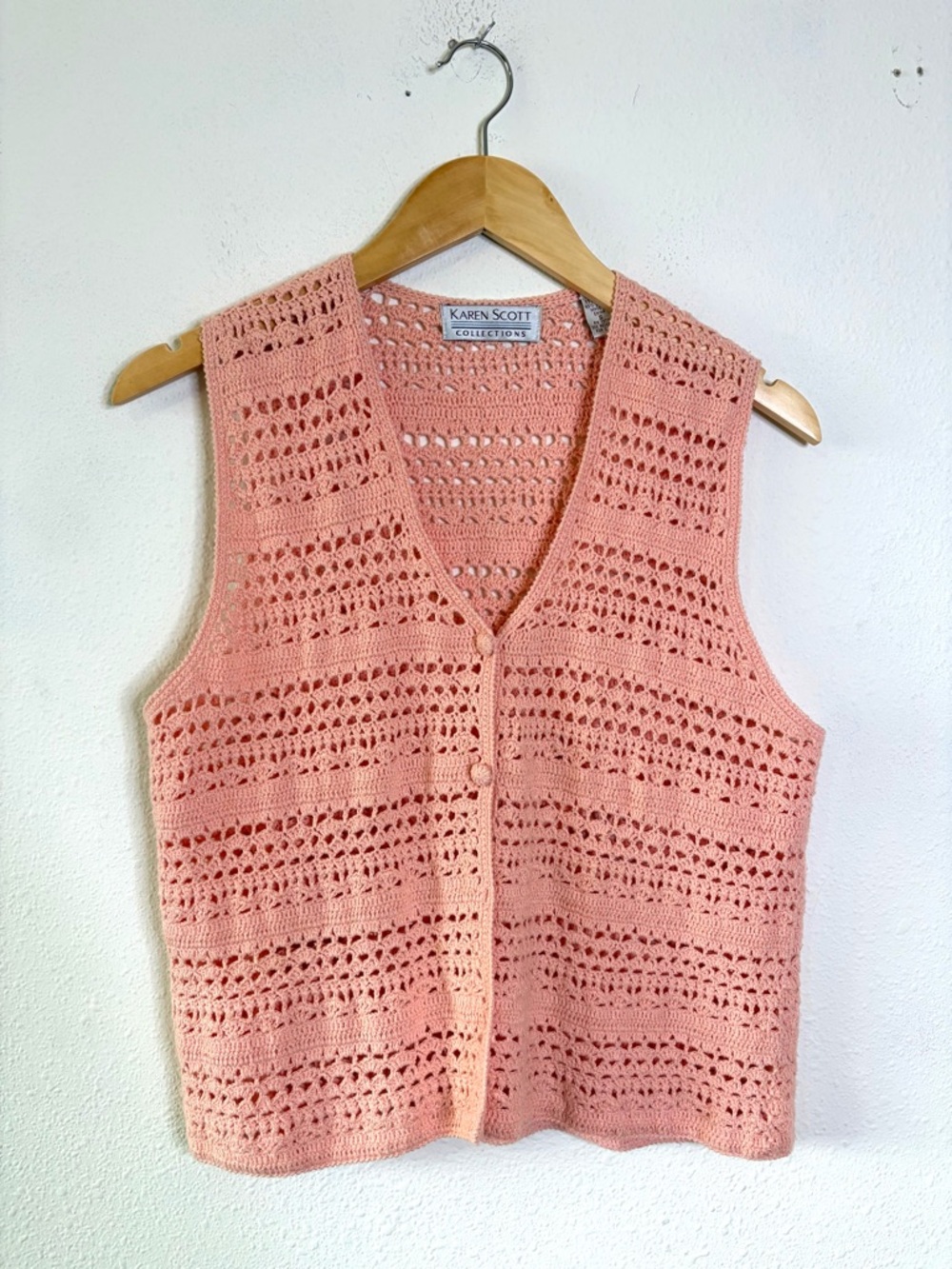 Cotton vintage 90s Blush Peach Crochet Openwork Vest sweater cardigan sz S
